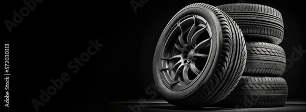 Fototapeta new car tires against dark background banner design. Auto parts. With copy space