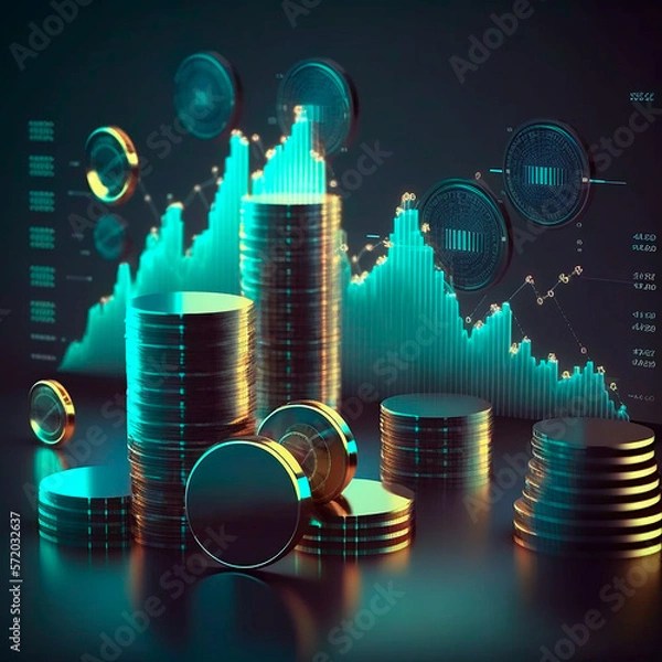 Obraz Illustration, stacked coins, savings and economy concept, Ai Generative