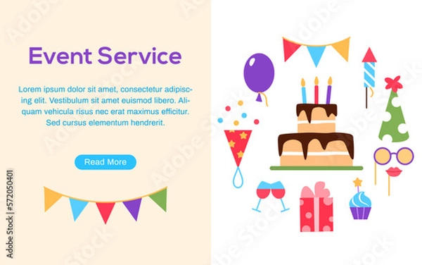 Fototapeta Event service web page with text space button. Birthday party carnival festival celebration banner or background with fun colorful flat elements cake present balloons cupcake candy vector illustration