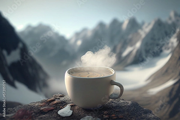 Obraz Hot cup of steaming coffee in front of snow valley. generated with AI