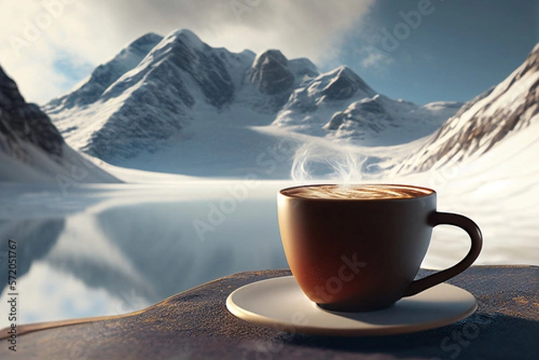 Obraz Hot cup of steaming coffee in front of snow valley. generated with AI