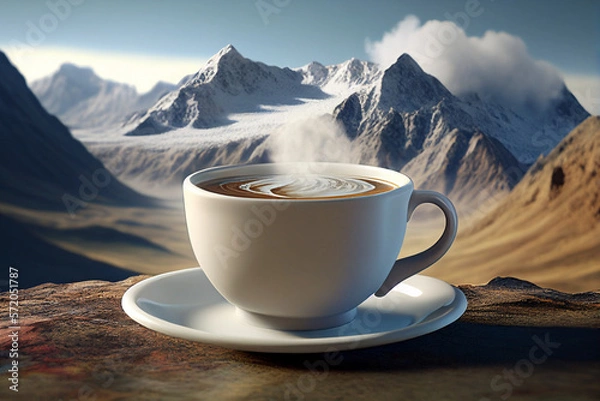 Obraz Hot cup of steaming coffee in front of snow valley. generated with AI