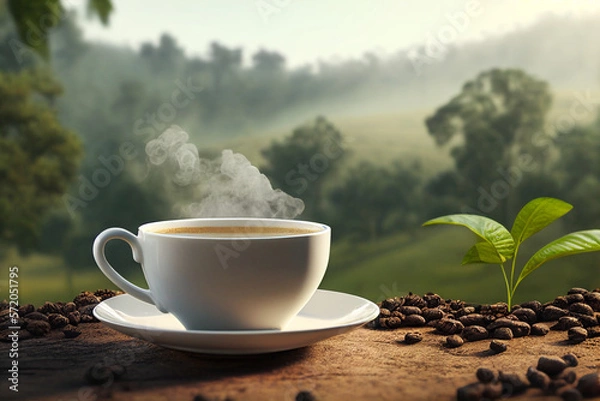 Obraz Hot cup of steaming coffee in front of valley. generated with AI