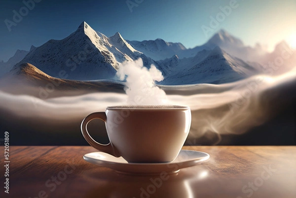 Obraz Hot cup of steaming coffee in front of snow valley. generated with AI