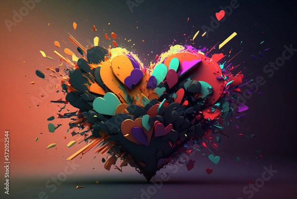 Fototapeta Heart exploding with multiple colors in plastic created with generative AI technology