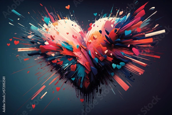 Fototapeta Heart exploding with multiple colors in red and cyan created with generative AI technology