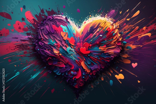 Fototapeta Heart exploding with multiple colors oil paint created with generative AI technology