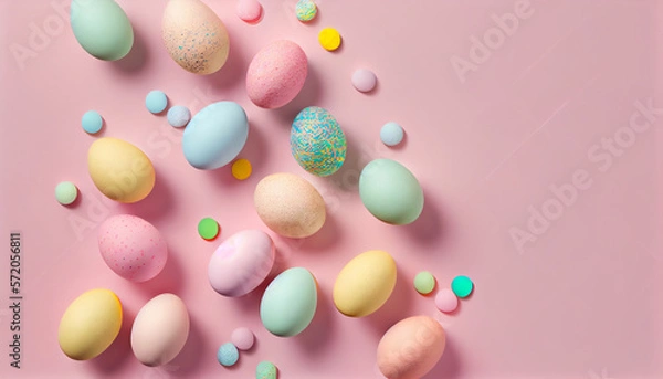 Fototapeta Pastellfarbene Ostereier als  Oster Hintergrund mit Platzhalter  - Generative Ai