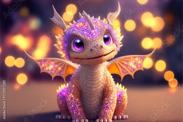 Fototapeta Baby dragon with shimmering diamond scales and neon created with Generative AI 
