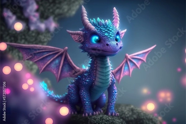 Fototapeta Baby dragon with shimmering diamond scales and neon created with Generative AI 