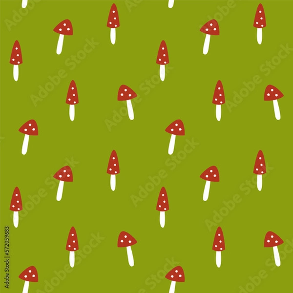 Fototapeta Seamless pattern with cute cartoon fly agarics on a bright green background.