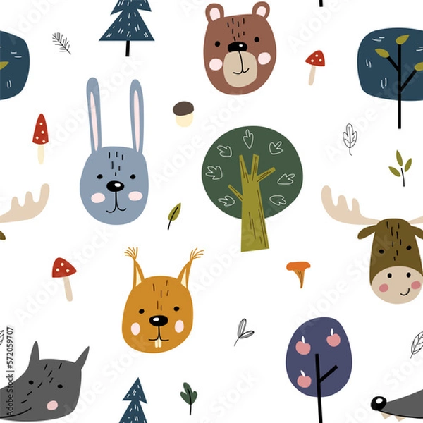 Fototapeta Seamless pattern with cute faces of forest animals. Childish print for nursery in scandinavian style. For baby clothing, interior, packaging.