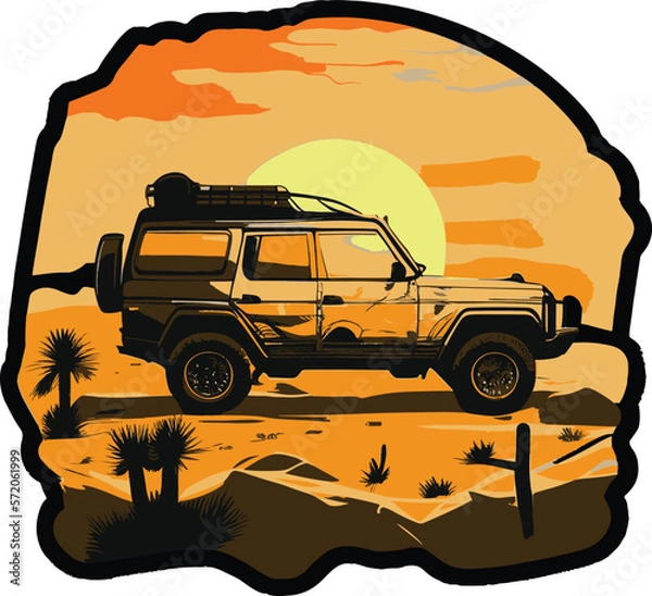 Fototapeta Vector image of SUV in desert. Silhouette at sunset, isolated from background..