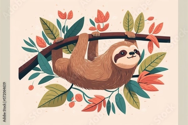 Fototapeta Cute sloth flat illustration created with Generative AI 