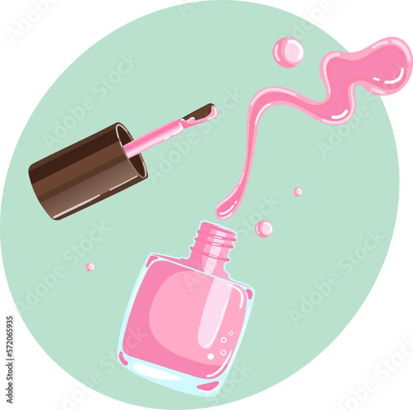 Fototapeta Illustration of a jar of pink nail polish with splash and drops in delicate shades