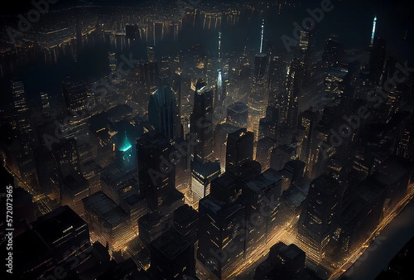 Fototapeta city at night, aerial view, generative ai