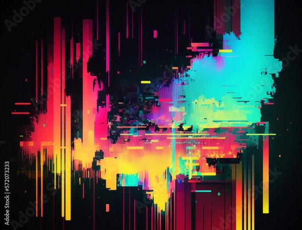 Fototapeta Digital glitch art image is an explosion of vibrant neon colors and distorted shapes, evoking a sense of energy and excitement. The glitch effect adds a unique and edgy feel, while the bold hues.