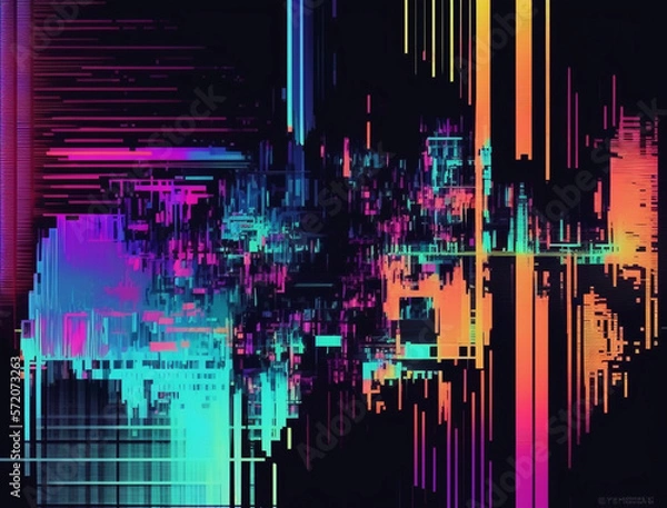 Fototapeta Digital glitch art image is an explosion of vibrant neon colors and distorted shapes, evoking a sense of energy and excitement. The glitch effect adds a unique and edgy feel, while the bold hues.