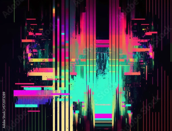 Fototapeta Digital glitch art image is an explosion of vibrant neon colors and distorted shapes, evoking a sense of energy and excitement. The glitch effect adds a unique and edgy feel, while the bold hues.