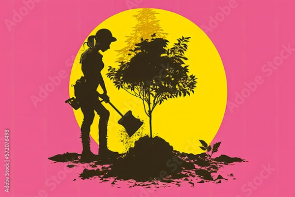Fototapeta The Silhouette of A woman planting a small tree with her hands and a shovel isolated  colorful pink, blue, yellow,  generative ai artwork, wallpaper, spray paint, splatter paint, vector, spring theme 
