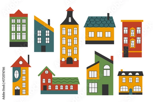Fototapeta A set of colorful flat style houses. Buildings with Scandinavian style windows. Fancy town and country houses with windows, roof tiles and chimneys with smoke. Cute country tiny houses. 