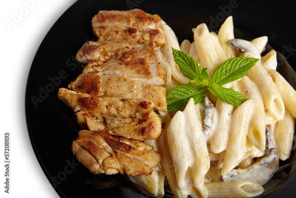 Fototapeta Penne Pasta With Grilled Chicken Close Up Isolated PNG File Transparent Background