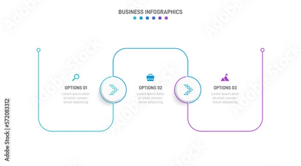 Fototapeta Timeline infographic with infochart. Modern presentation template with 3 spets for business process. Website template on white background for concept modern design. Horizontal layout.