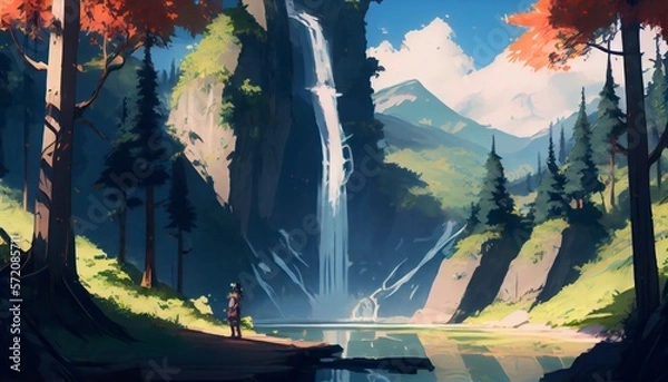 Fototapeta Beautiful Chasing Waterfalls and Soaking in the Sunshine: Spring Landscapes for Adventure Seekers, anime style generative ai