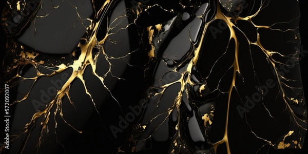 Fototapeta 3D Rendering of a black and gold Marble texture. With a rough surface black marble. Golden cracks in between. Generative AI.