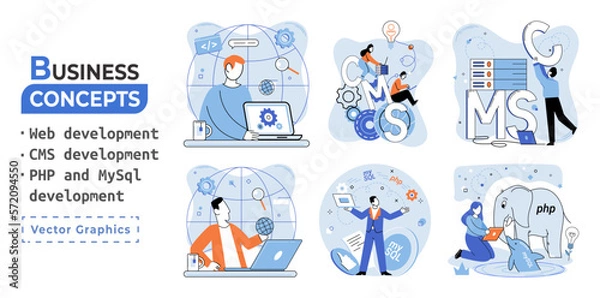 Fototapeta Website architecture concepts metaphor. Web development, PHP and MySQL, CMS, interface design, software testing. Creation digital Software mobile, desktop platforms. Digital content management system