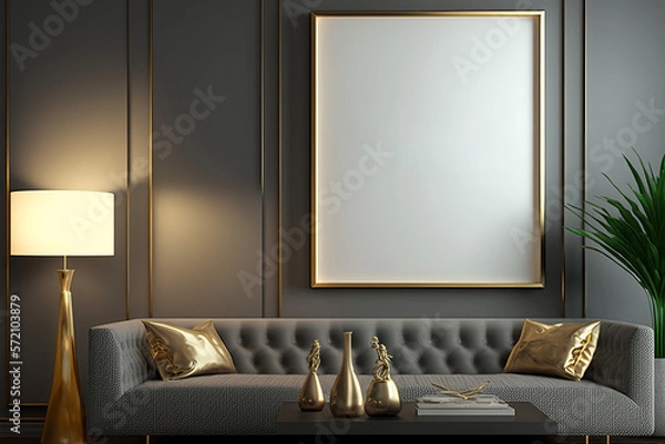 Fototapeta A Mockup Poster Frame on a Luxurious Living Room Wall in a Modern Apartment Setting. Ideal for Contemporary Interior Design Templates. 3D Rendering Style.