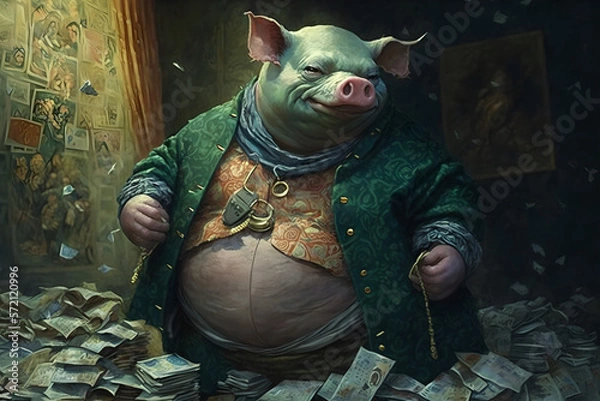 Fototapeta Filthy rich pig is fat and cashed up, lots of money in his pockets, greedy corporation manager, illustration, swine, portrait, close up, drawing, cartoon, satire