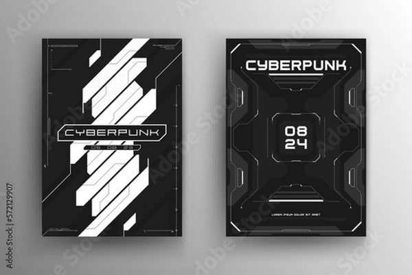 Obraz Set of Cyberpunk futuristic poster. Modern cyberpunk design for web and print template. Tech style flyer with HUD elements. Abstract futuristic technology black and white design. Vector