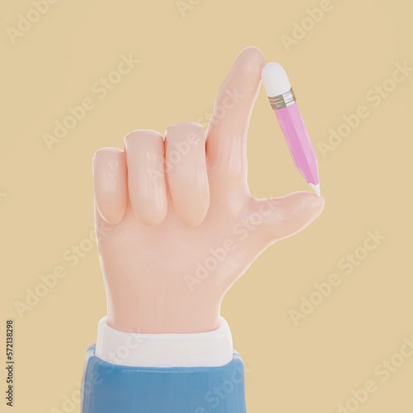 Fototapeta Hand with pen on yellow background, 3d render. Business concept.