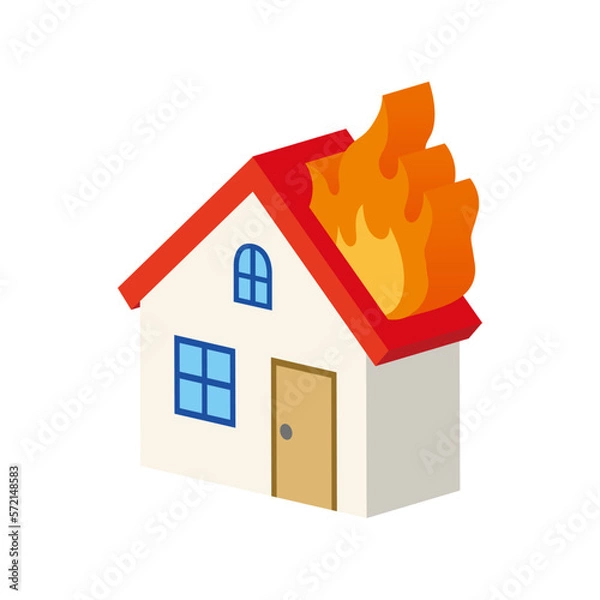 Obraz シンプルな立体感のある住宅と災害のイラスト　火災