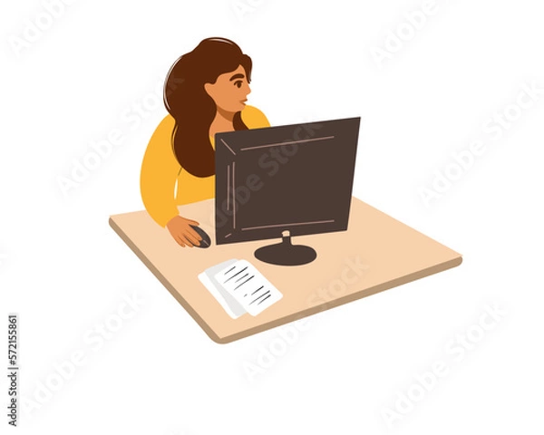 Fototapeta A woman works at a computer with documents. Vector illustration