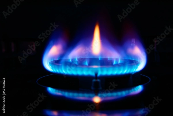 Obraz Blue flame of a portable gas stove used for cooking. Gas provides a convenient source of instant heat and is an alternative to electricity.