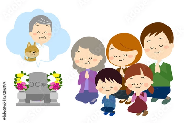 Obraz おじいさんとペットのお墓参りをする家族（秋冬）