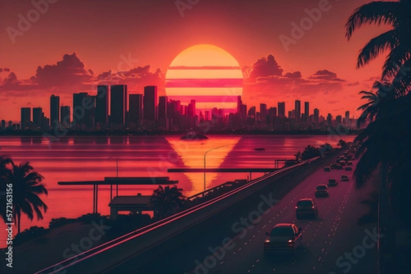 Fototapeta Sunset 80s in Miami, comics style, created with Generative AI Technology