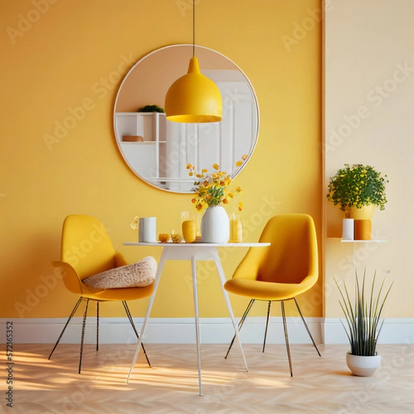 Fototapeta Jasne i przytulne nowoczesne wnętrze jadalni z żółtymi meblami i pomieszczeniem dekoracyjnym na pustym żółtym lub białym tle ściany, AI wygenerowane