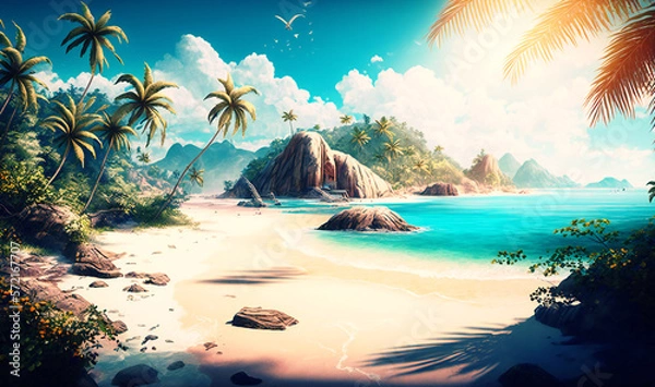 Fototapeta Immerse yourself in the stunning beauty of a vibrant, tropical paradise with crystal-clear waters, endless stretches of sandy beaches, and a perfect hot summer climate