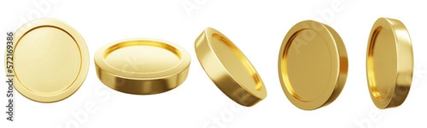 Fototapeta 3D Rendering concept of golden coins spinning in many views rotate in different angles isolated on white background. 3D Render illustration. 