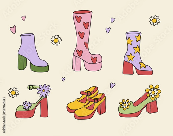 Fototapeta Set of retro shoes and boots with heels in hippie style. Bright crazy shoes.