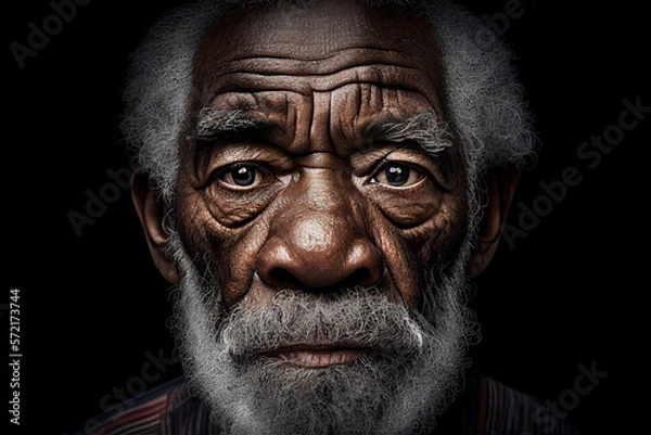Obraz Portrait of an old black man with wrinkles and beard, looking serious into the camera, illustration, Generative Ai