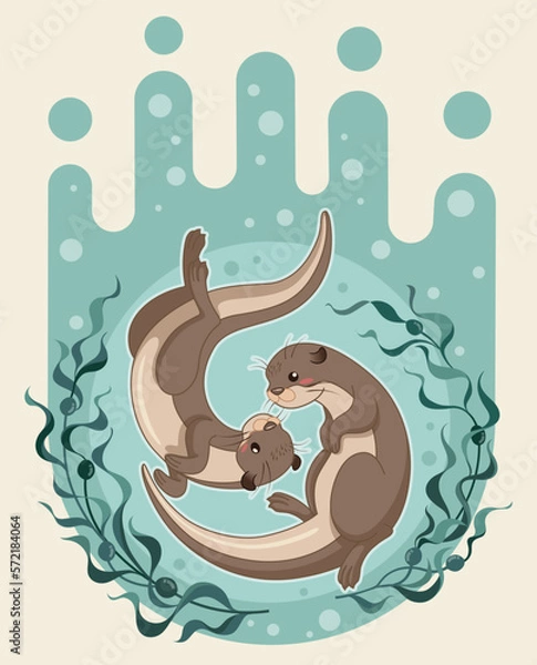 Fototapeta sea otter floating on water with kelp forest vector illustration