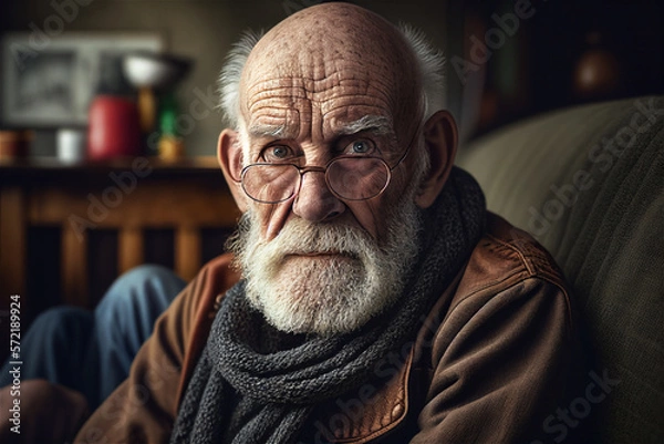 Obraz Close up photo of an old man with glasses and wrinkles looking straight into the camera, illustration Generative Ai
