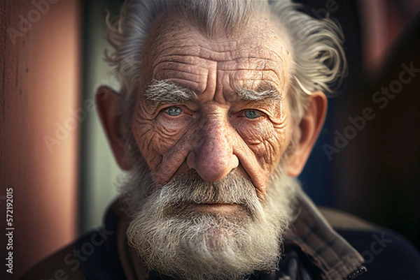 Fototapeta Close up photo of an old man with beard and wrinkles looking straight into the camera, illustration Generative Ai