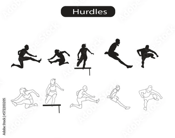 Fototapeta Hurdles Sport Silhouette and Line Icons Vector Illustration 