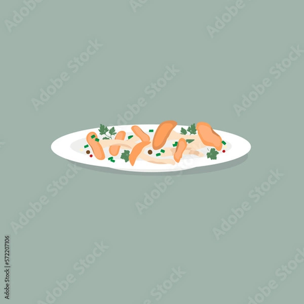 Fototapeta Mushrooms with dills and spices on the plate isolated on blue background. Cartoon vector illustration.