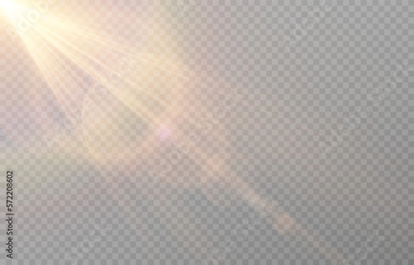Obraz Vector sun light with glare. Golden flash png. Sun rays png. Glare from the sun, dawn, light effect.